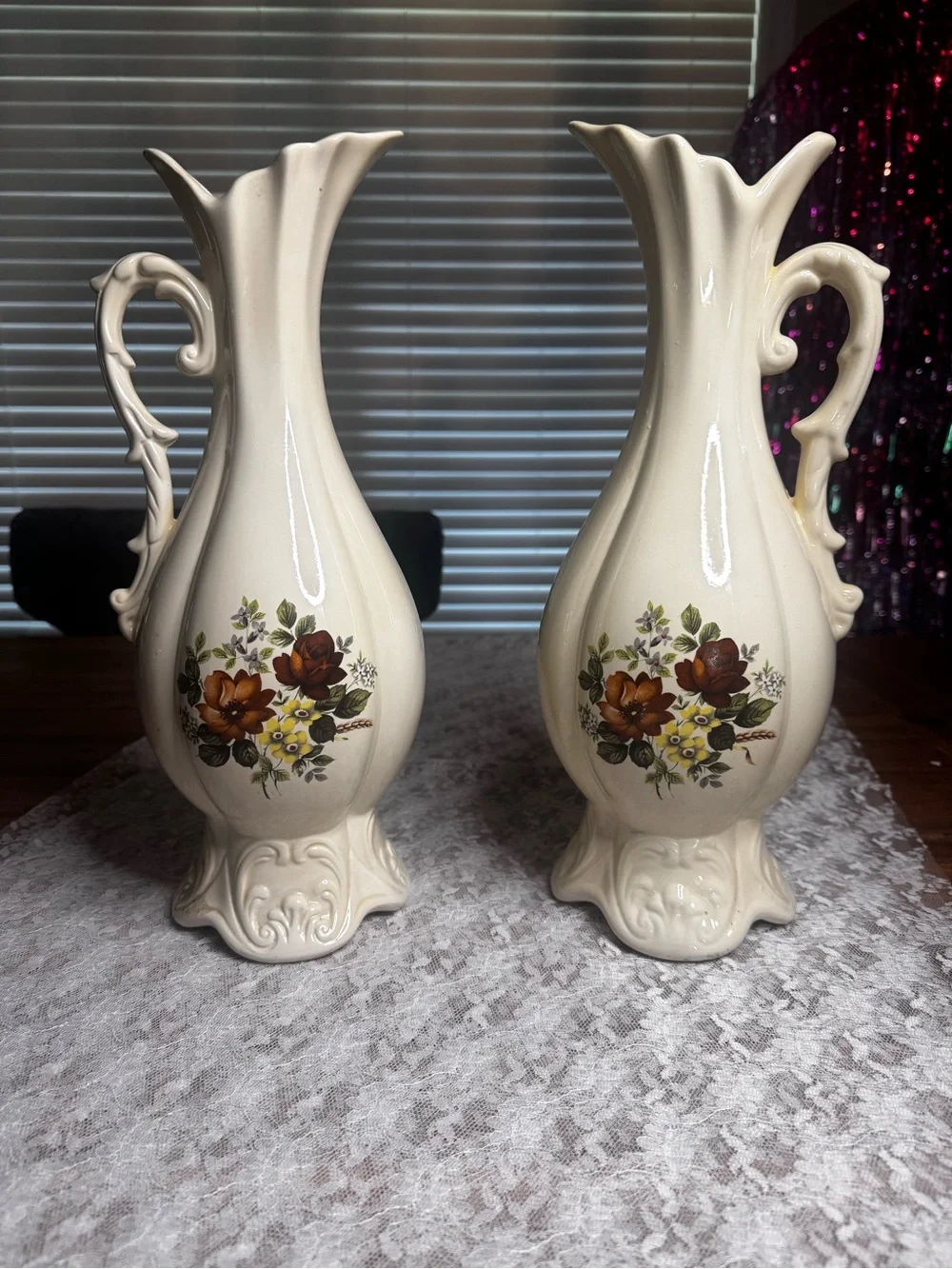 Cream Floral Ceramic Decorative Vase Pair